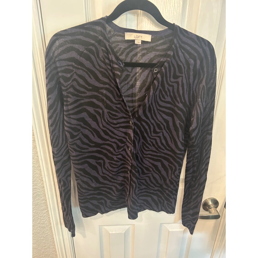 Ann Taylor LOFT Cardigan Purple Black Zebra Print Ramie Rayon Knit Sweater